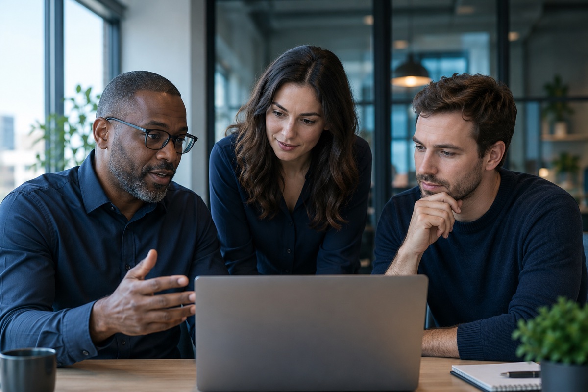 Illustrative photo of technology consultants collaborating around a laptop.